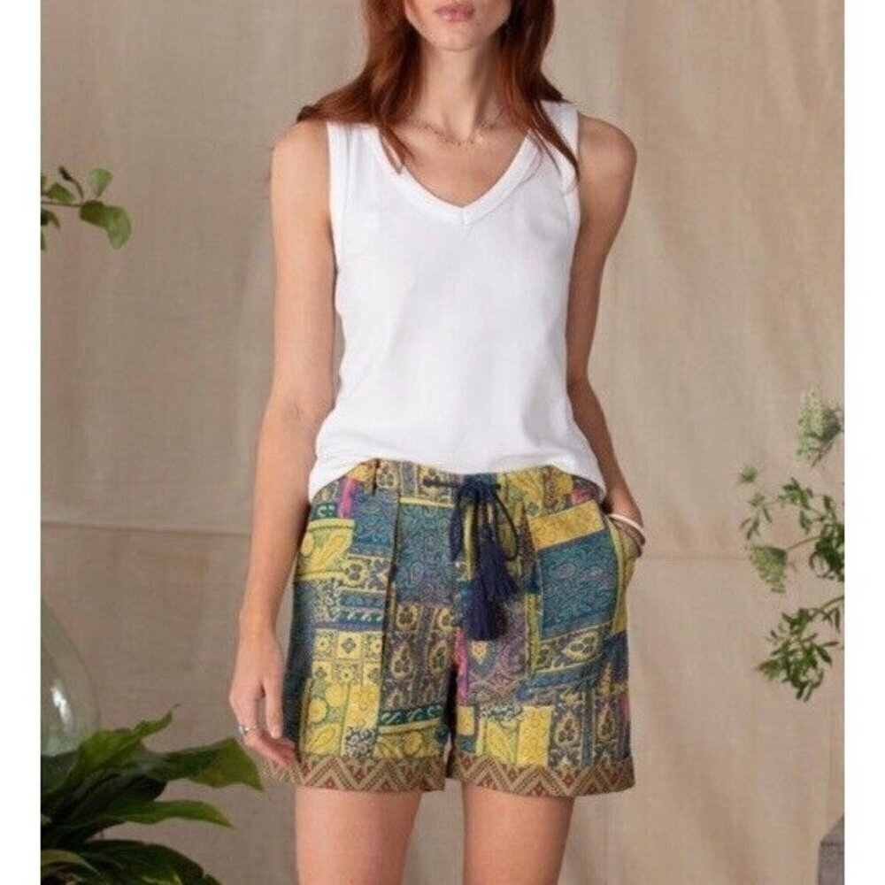 Sundance NEW‎ Kalini Linen Blend Yellow Multi Drawstring Tassel Shorts Sz XXL